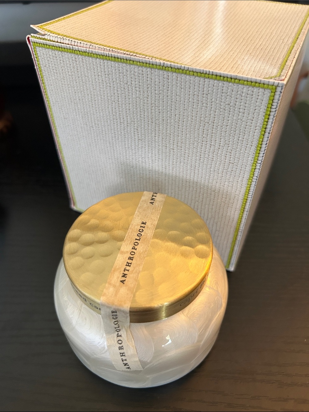Anthropologie Capri Blue Volcano Candle with Pearl Jar and Hammered Gold Lid